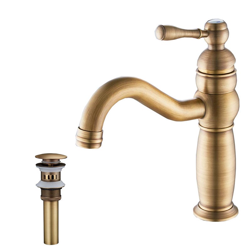 GGStudy Bathroom Vanity Faucet GGStudy Single Handle One Hole Bathroom Sink Faucet Basin Mixer Tap Antique Brass Supply Hose Include - Image 1